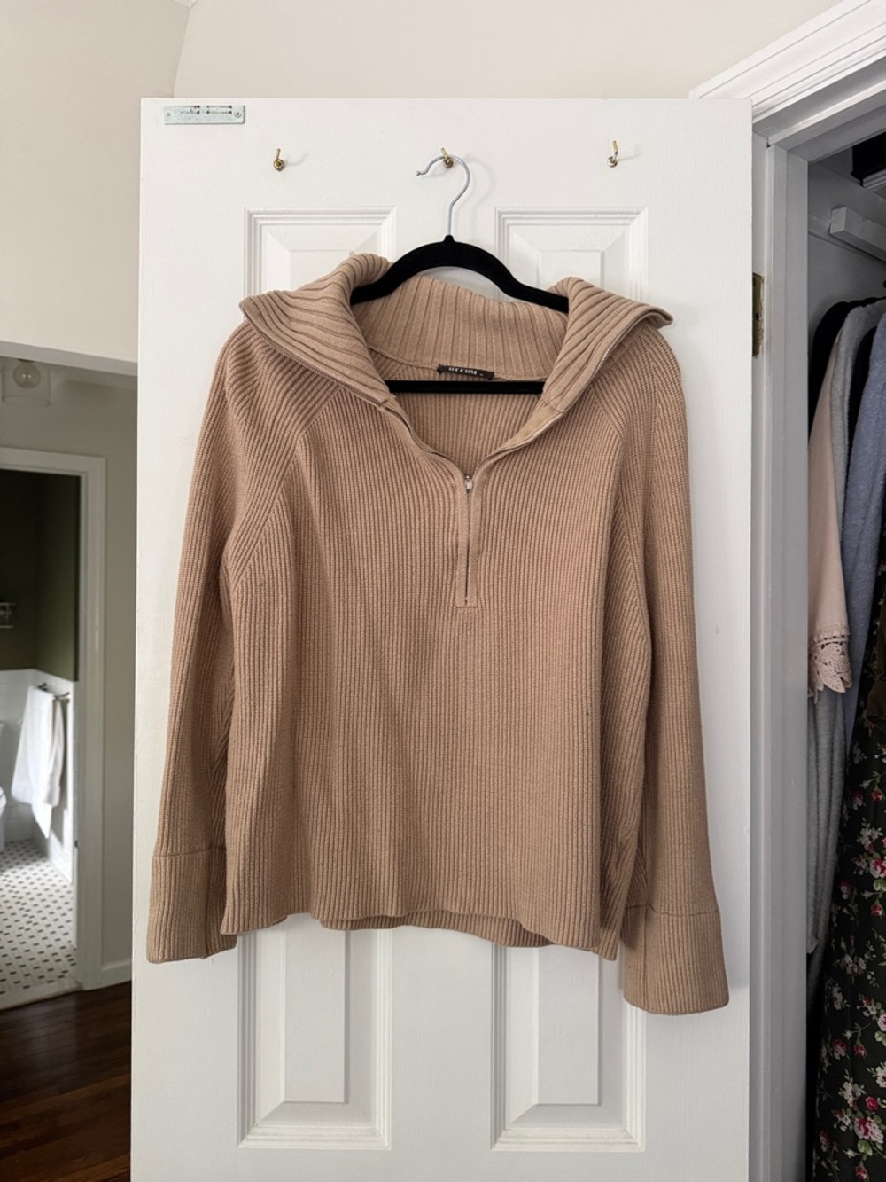 Ribbed Zip-Front Cowl Neck Sweater in Taupe